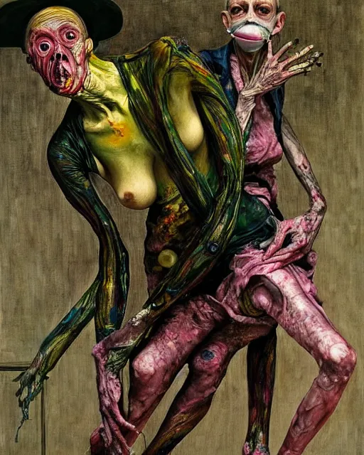 Image similar to two skinny old people with extra limbs, wearing gas masks and robes of gold, green and pink, cinematic, dystopian, eerie, horror, gothic, highly detailed painting by Jenny Saville, Esao Andrews, Francis Bacon, !!!Edward Hopper!!! surrealism, art by Takato Yamamoto and James Jean