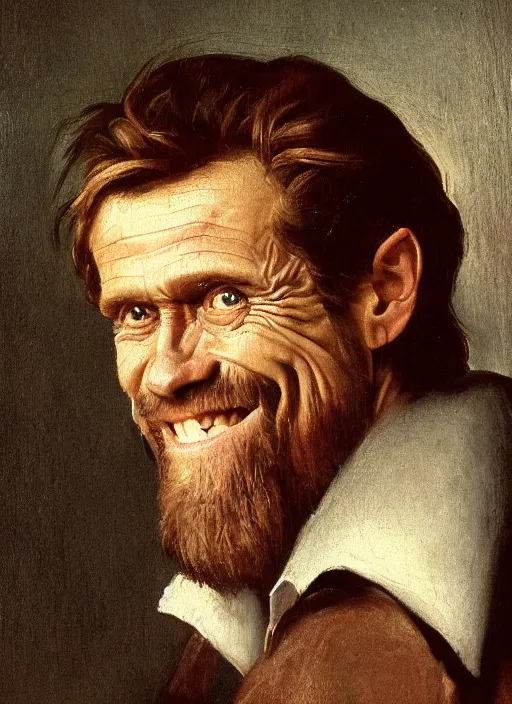 Image similar to portrait painting of willem dafoe with stubble smiling warmly, renaissance oil painting, chiaroscuro