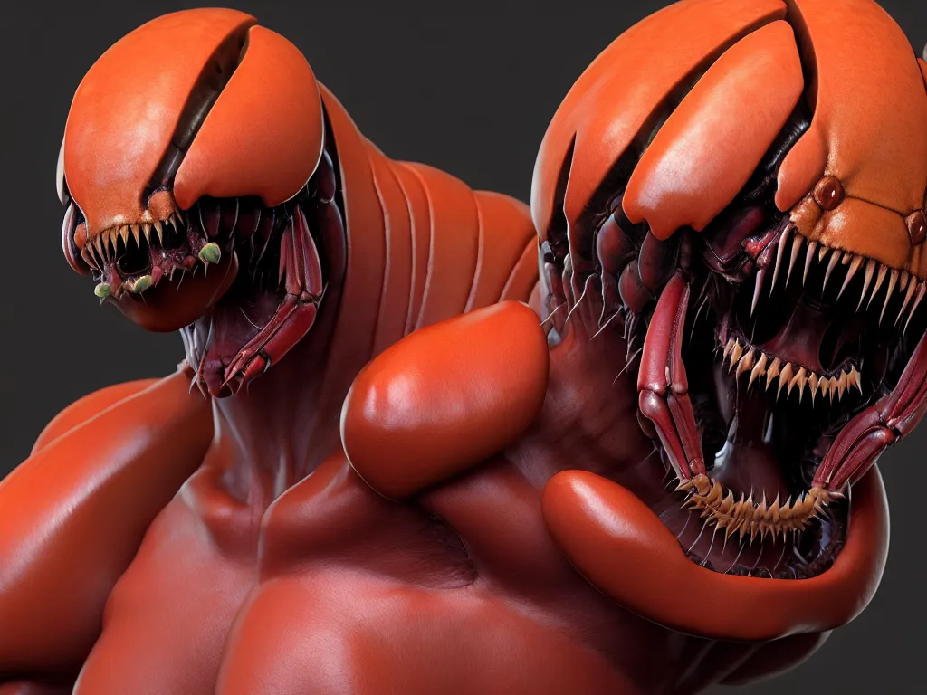 Image similar to doom, crustacean, isopod, muscular body, chiroptera head, chiroptera ears, big sharp teeth, hyperrealism, artstation, cgsociety, zbrush, no background