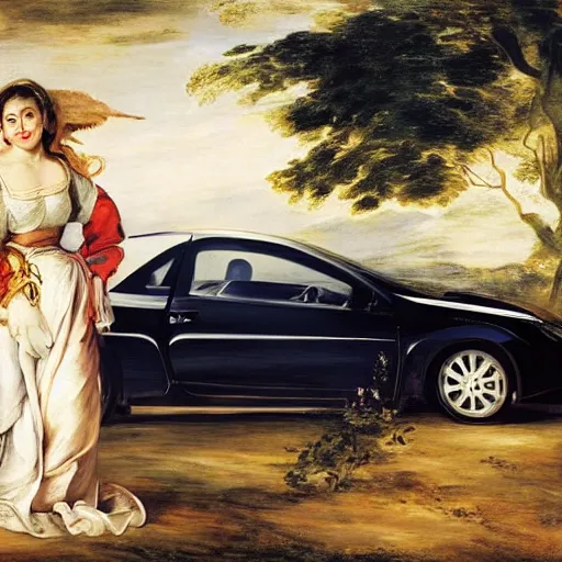 Image similar to heavenly summer sharp land sphere scallop well dressed lady standing next to a honda civic, auslese, by peter paul rubens and eugene delacroix and karol bak, hyperrealism, digital illustration, fauvist, standing next to a honda civic