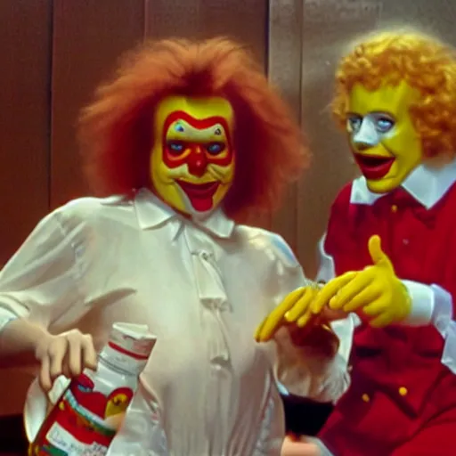 Image similar to ronald mcdonald putting the lotion on its skin or else it gets the hose again, horror, vhs quality, realistic, dutch angle