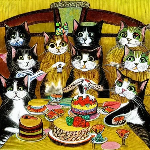 Prompt: cats at a birthday party with cake by louis wain