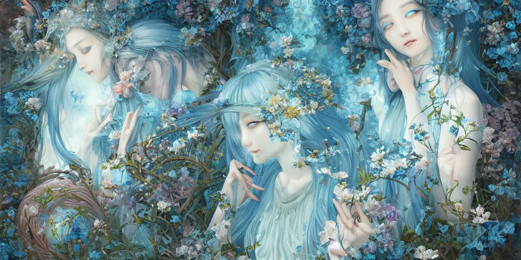 Prompt: breathtaking detailed concept art painting of in love goddesses of light blue flowers, orthodox saint, with anxious, piercing eyes, ornate background, amalgamation of leaves and flowers, by Hsiao-Ron Cheng, James jean, Miho Hirano, Hayao Miyazaki, extremely moody lighting, 8K