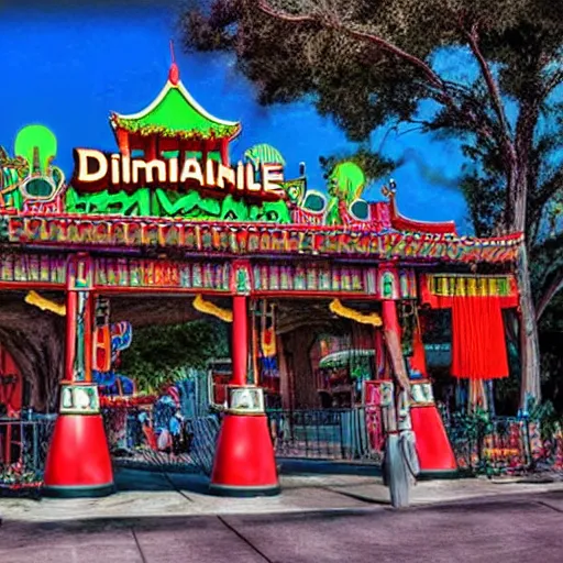 Image similar to Dixieland Chinese bootleg theme park of Disneyland, Horror, Creepy, Spooky, McDonald's haunts Dixieland, HDR, Camcorder, VHS quality,