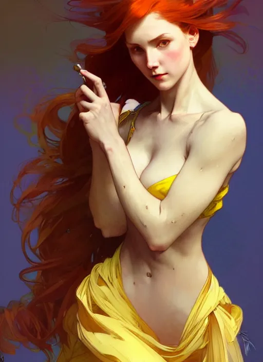 Image similar to digital character concept art by artgerm and greg rutkowski and alphonse mucha. clear portrait of a pin - up young wife, redhead, blue and yellow clothes, shabby, defiant, light effect, 8 k, hyper detailed, intricate, elegant, digital painting, artstation, smooth, sharp focus