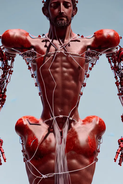 Image similar to a statue jesus on cross made of red marble with wires, tubes, veins, perfect symmetrical body, full body shot, inflateble shapes, white biomechanicaldetails, wearing epic bionic cyborg implants, masterpiece, intricate, biopunk, vogue, highly detailed, artstation, concept art, cyberpunk, octane render