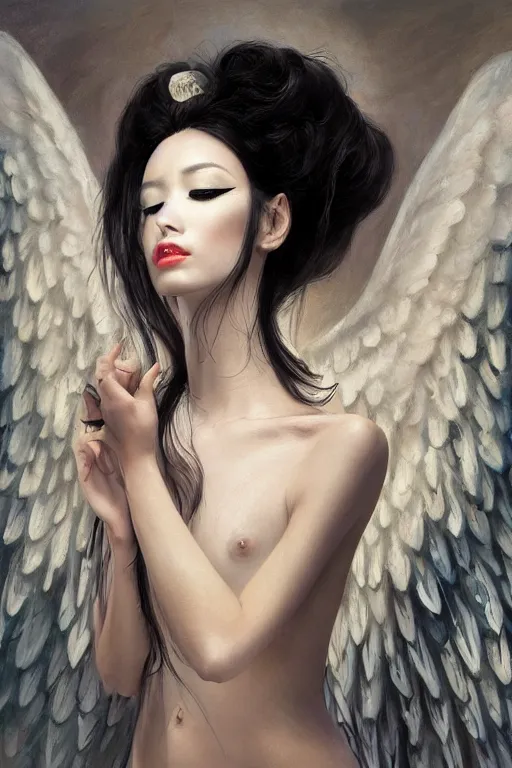 Image similar to a professional painting of a beautiful fallenangel geisha , olive skin, long dark hair, beautiful bone structure, symmetrical facial features, intricate, elegant, digital painting, concept art, smooth, sharp focus, illustration, by Ruan Jia and vitaly bulgarov and andrew nash and and Mandy Jurgens and musha and Artgerm and William-Adolphe Bouguerea