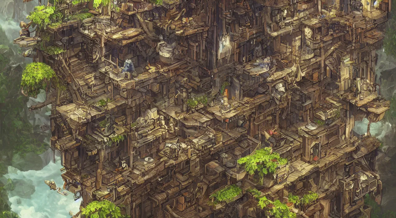 Image similar to open door wood wall fortress airship greeble block amazon jungle vanillaware fanart arstation by sung choi and eric pfeiffer and gabriel garza and casper konefal