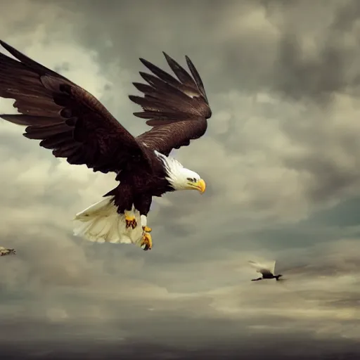 Image similar to A hyper realistic photo of a baby girl flying on an eagle, realistic, dark, cinematic, 8k render, full HD