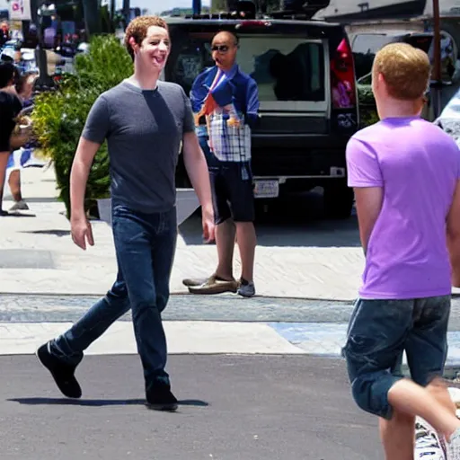 Prompt: Mark Zuckerberg crab walking to the dollar store