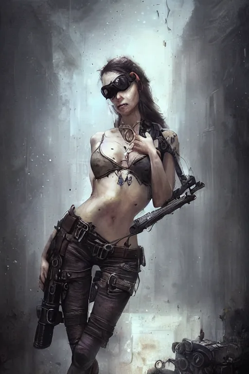 Prompt: a woman with a gun in her hand, a character portrait by Bastien Lecouffe-Deharme, cgsociety contest winner, gothic art, gothic, apocalypse art, steampunk