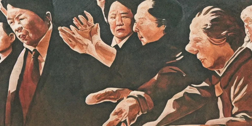 Image similar to a photo of mao zedong fighting with margaret thatcher, photorealistic, dramatic