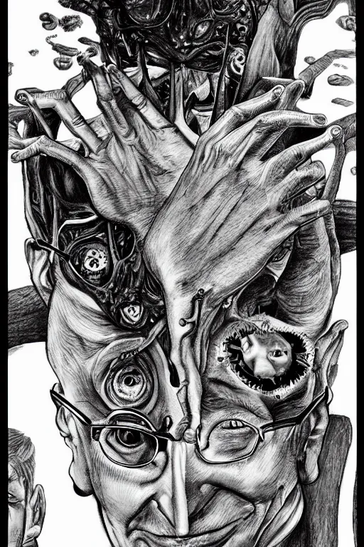 Image similar to Bill Gates full body portrait, body horror, black and white Illustration by Junji Ito