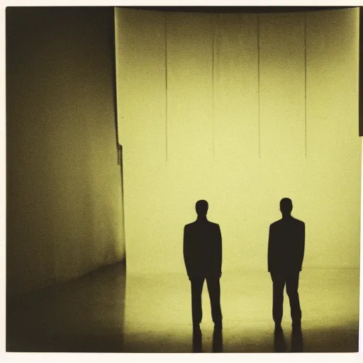 Prompt: Two male silhouettes on an empty theatre stage, polaroid picture, colour, bright