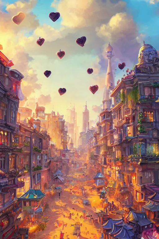 Image similar to ! dream hyperrealistic photo of a city of love, bombs are falling from the sky, medium angle, in the style of hearthstone game