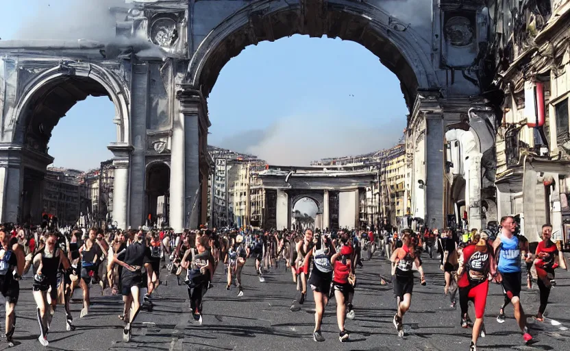 Prompt: Arco della Vittoria in Genova big fire. People running