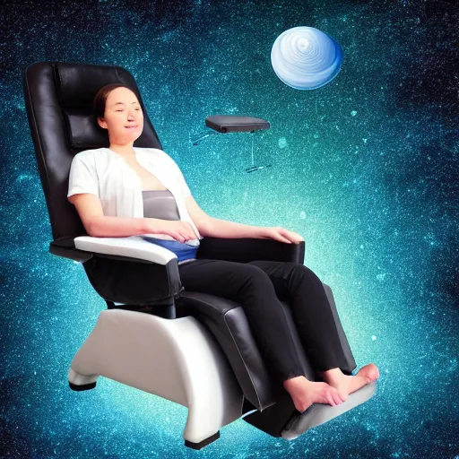 Image similar to community acupuncture recliner chair and person receiving acupuncture, floating in space, galactic background with cosmic rays, chill, dramatic lighting