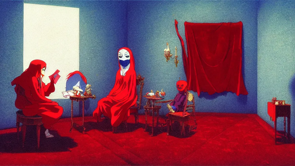 Image similar to a fortune teller wearing a mask sits in a red velvet room reading a fortune, anime film still from Studio Ghibli movie with art direction by Zdzisław Beksiński, wide lens