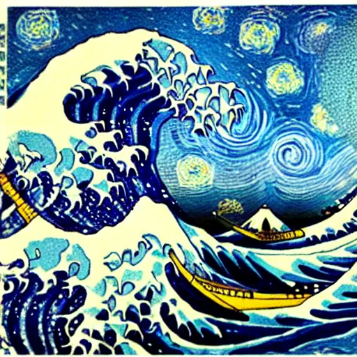 Image similar to the great wave of kanagawa with van gogh sky