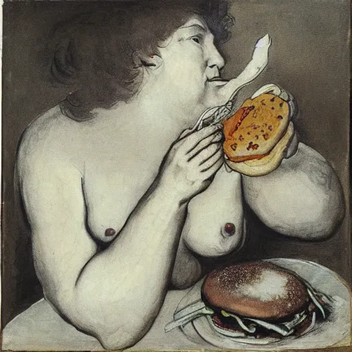 Image similar to wendy devouring a cheeseburger, drawn francisco goya, mixed media mural transferred to canvas