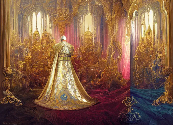 Image similar to kneeling before the pope, royal robe, gold trim, light effect, hyper detailed, intricate, atmospheric, elegant, photorealistic by paul lehr, marco mazzoni, featured on cgsociety, rococo, whimsical, artstation