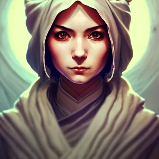 Image similar to one female jedi master, wearing the traditional jedi robe, beautiful and uniquely odd looking, detailed symmetrical close up portrait, intricate complexity, in the style of artgerm and ilya kuvshinov, magic the gathering, star wars art