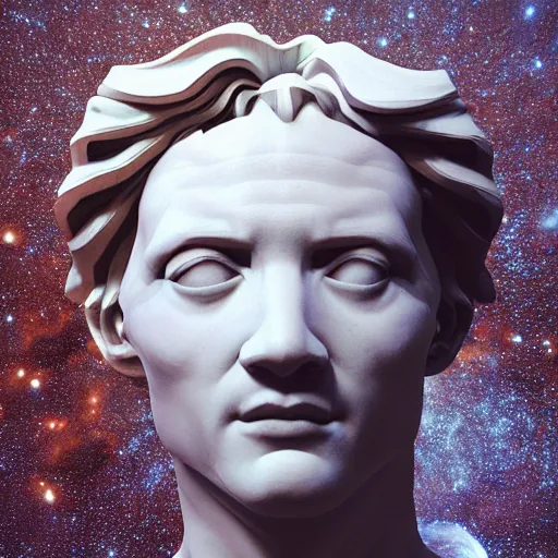 Image similar to 3 d sci - fi cgartist rendering of a hyper realistic marble greek statuary bust floating at the vast pulsating interdimensional fractal space portal at the psychedelic vaporwave event horizon directed by col price, trending on artstation