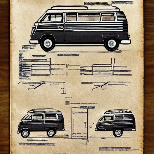 Prompt: detailed schematic for a vw vanagon with rocket engines, faded parchment, aged, descriptions, highly detailed, 8 k,