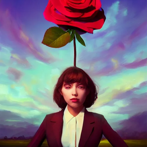 Prompt: closeup, giant rose flower over head, frontal, girl in a suit, surreal photography, sunrise, blue sky, dramatic light, impressionist painting, digital painting, artstation, simon stalenhag