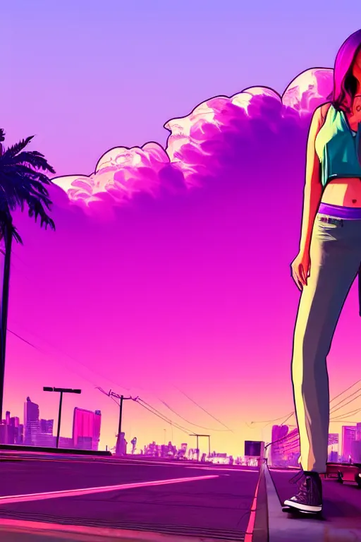 Prompt: a stunning GTA V loading screen with a beautiful woman with ombre hairstyle in purple and pink blowing in the wind in the city at sunset, outrun, vaporware, neon lights, sky scrapers, retro, beautiful sky with cumulus couds, digital art, trending on artstation