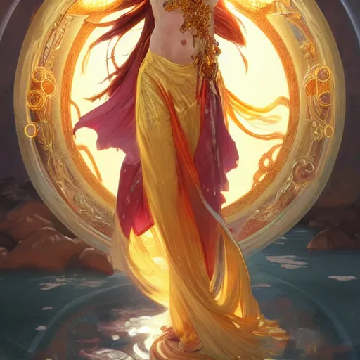 Prompt: The goddess Amaterasu clothed in pure golden light energy, D&D, highly detailed, digital painting, artstation, concept art, sharp focus, illustration, art by artgerm and greg rutkowski and alphonse mucha