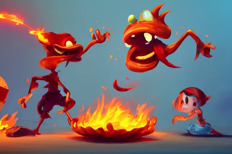 Image similar to a cartoony fire, various items, in the style of Rayman origins, michael ancel, Ruan Jia and Mandy Jurgens and Greg Rutkowski, trending on Artstation, award winning, unreal engine, octane render H 1024