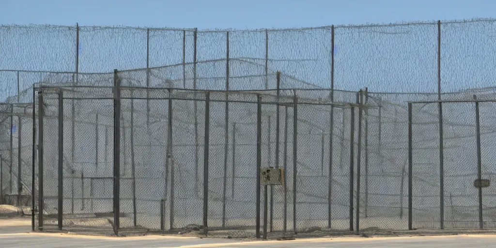 Prompt: cages at guantanamo bay prison, plain background, no army