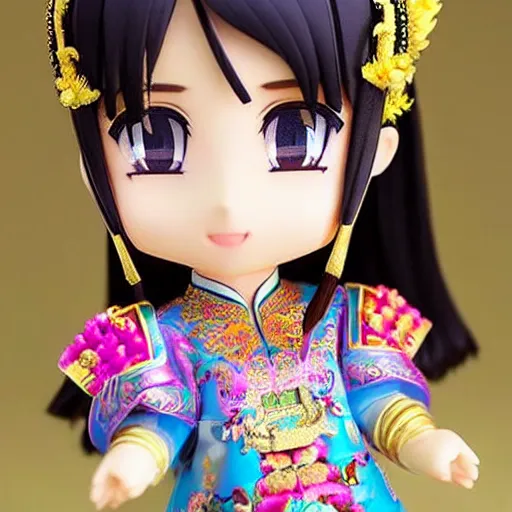 Image similar to cute and gorgeous asian girl in a pretty intricate chinese dress, beautiful symmetrical eyes, nendoroid face symmetry