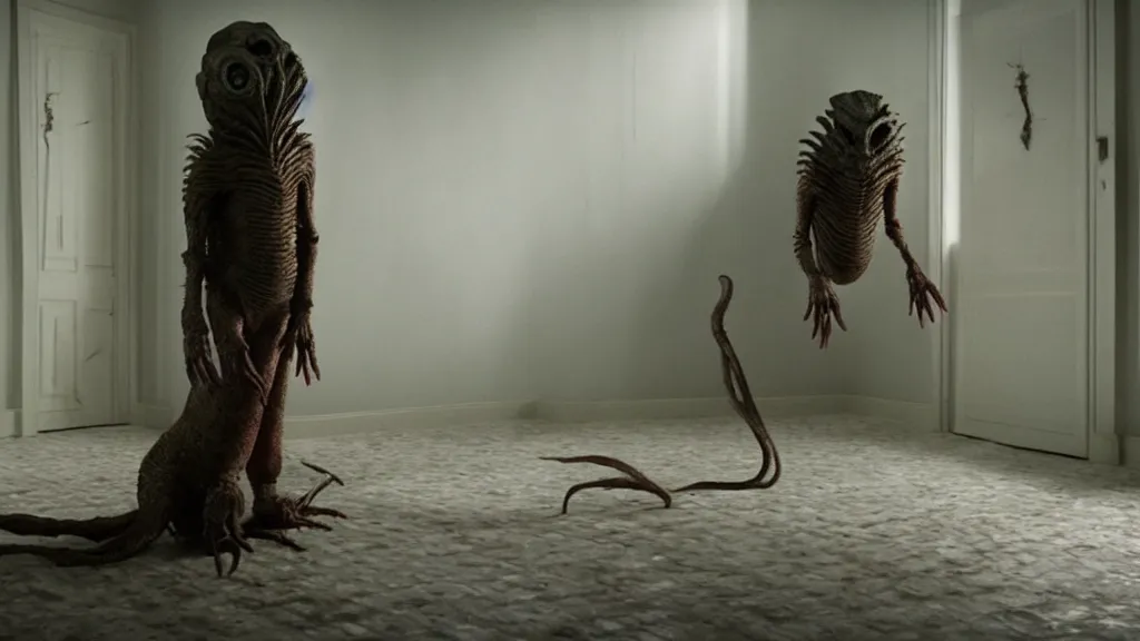 Image similar to the creature on the house in the house, film still from the movie directed by denis villeneuve and david cronenberg, with art direction by salvador dali, wide lens