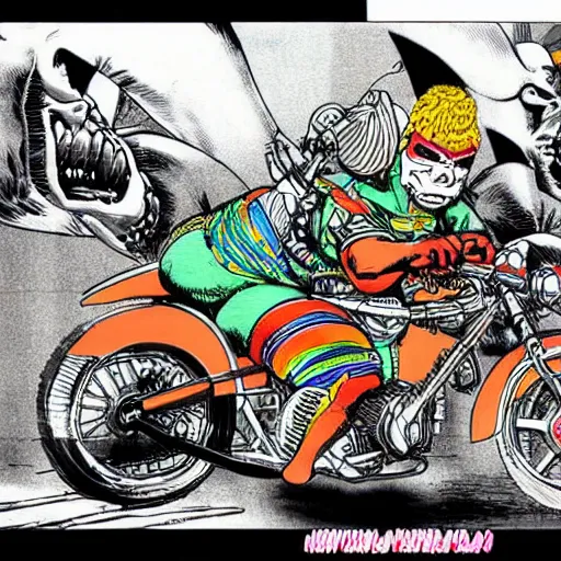 Prompt: mexican wrestler riding japanese motorcycle in neotokyo, manga katsuhiro otomo style, full page cartoon