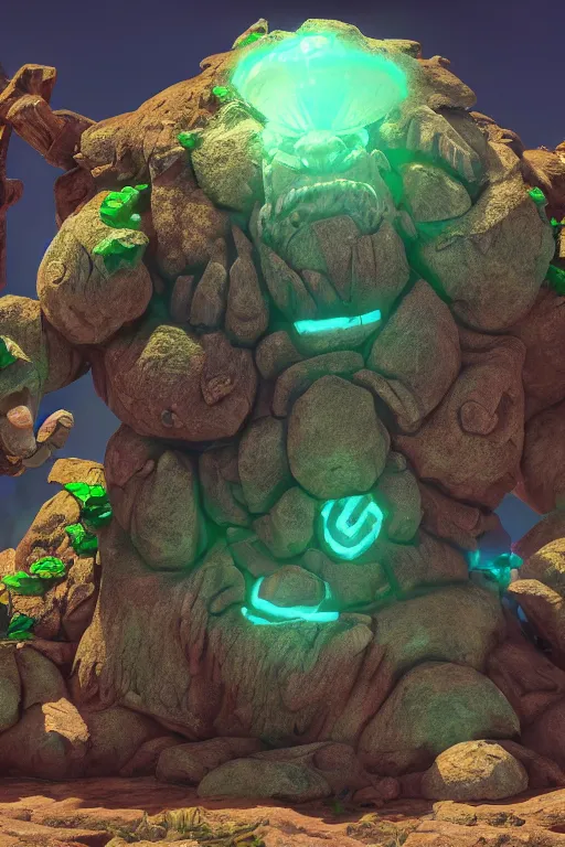 Image similar to zelda fantasy art giant golem troll wood rock greeble gemstone, global illumination ray tracing hdr fanart arstation by sung choi and eric pfeiffer and gabriel garza and casper konefal