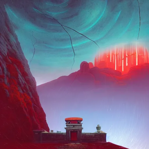 Image similar to red ancient temple, green hills, star trails, dramatic lighting, artstation, matte painting, caspar david friedrich, simon stalenhag