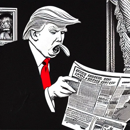 Image similar to close - up portrait of donald trump eating newspapers, by robert crumb, black and white drawing, very intricate