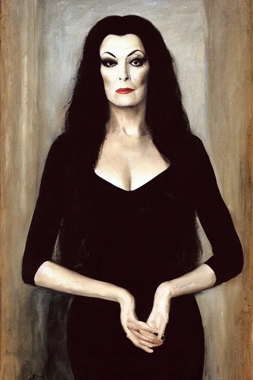 Prompt: upper body portrait deanna troi as morticia addams by alfred stevens