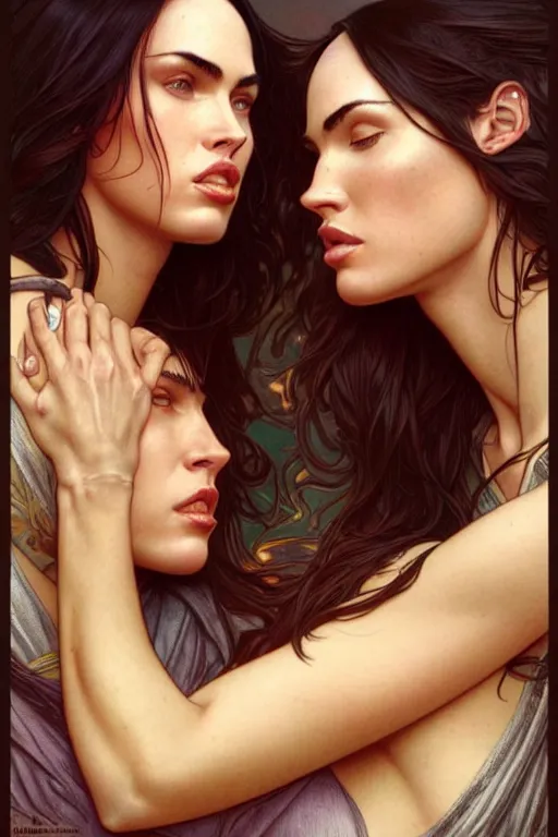 Image similar to portrait of megan fox kissing other woman, intricate, headshot, highly detailed, digital painting, artstation, concept art, sharp focus, cinematic lighting, illustration, art by artgerm and greg rutkowski, alphonse mucha, cgsociety