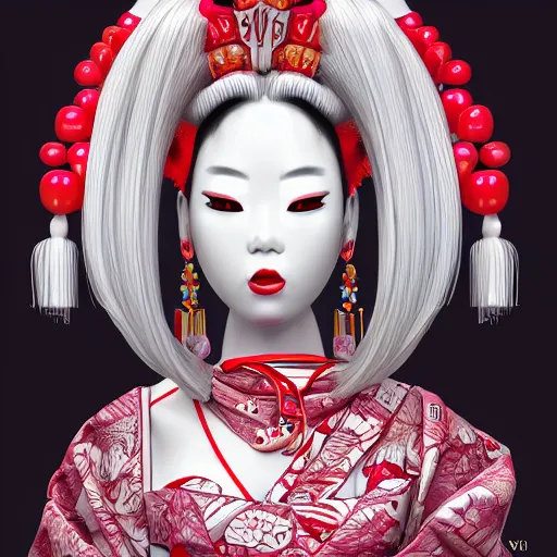 Image similar to albino maiko with a long fancy hair, detailed, jewelry, sakura, photograph, award wining, red and white, trending on artstation, 4 k, neon highlights