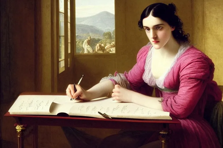 Image similar to 1 8 1 0 s katie mcgrath writing at her desk by vittorio reggianini, bright lighting, perfectly detailed eyes, beautiful hands, pale skin, clear face