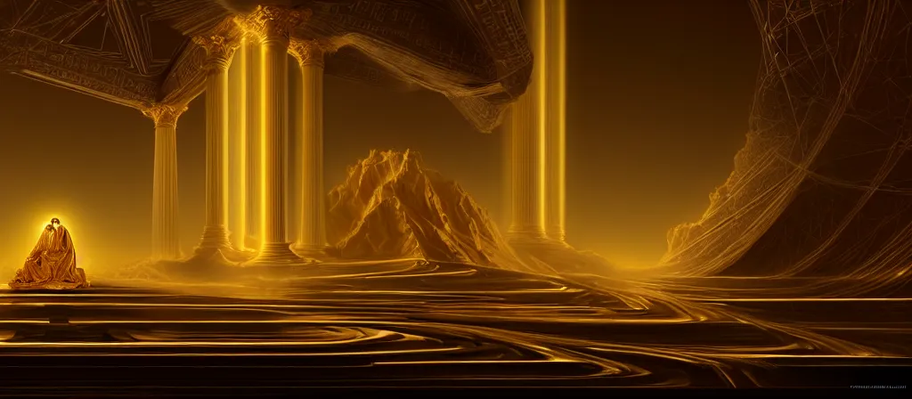 Prompt: the ethereal diety of technology bestows the gift of circuits to humanity. immaculate matte painting. fantastic. velvet and gold. high key studio lighting. fractal dreams. ancient greece, trending on artstation, cgsociety, ps 5, uhd 8 k, maya