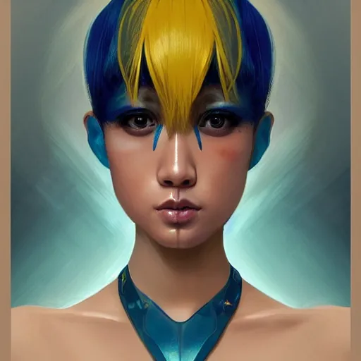 Image similar to symmetry!! portrait of a filipino cute girl blue - yellow hair, nasal strip, cyborg body, intricate, elegant, highly detailed, my rendition, digital painting, artstation, concept art, smooth, sharp focus, illustration, art by artgerm and greg rutkowski and alphonse mucha and uang guangjian and gil elvgren and sachin teng