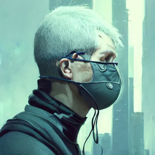 Image similar to very cool man grey hair with mask, streetwear, techwear, cyberpunk style outfit, full body, nose piercing, detailed portrait, intricate complexity, by greg rutkowski, cushart krentz, artgerm, ross tran, conrad roset, takato yomamoto, ilya kuvshinov. 4 k, beautiful, cinematic dramatic atmosphere, portrait lighting