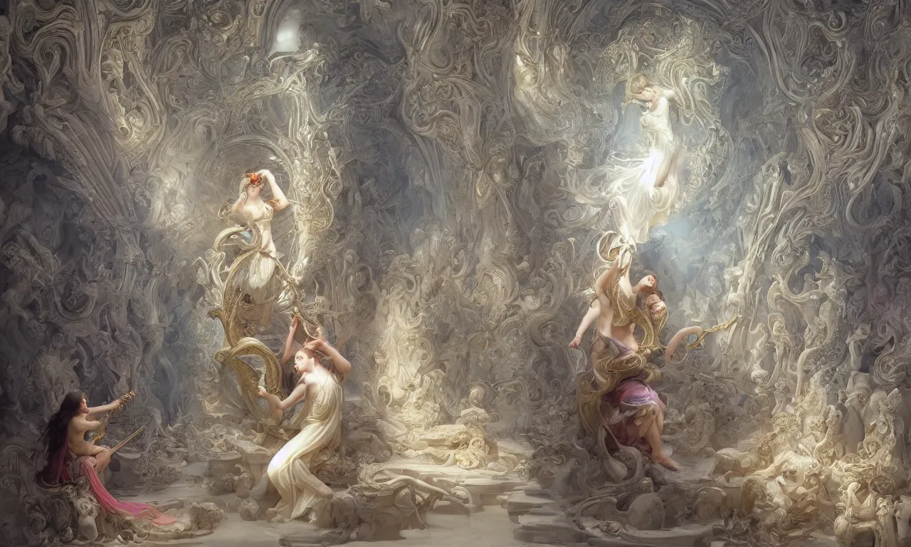 Prompt: a luminous fairytale of an iridescent dragon playing the harp in a baroque white marble cathedral. Neon light, masterpiece 4k digital illustration by Ruan Jia and Mandy Jurgens and Artgerm and william-adolphe bouguereau, award winning, Artstation, Mahmud Farshchian background, intricate details, realistic, panoramic view, volumetric lighting, Hyperdetailed, 8k resolution, Persian miniature by Mahmud Farshchian , rendered in Unreal Engine