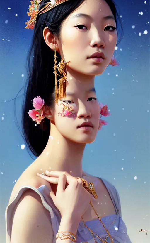 Image similar to a beautiful young charming asian goddess with sundress + jewelry + shinny eyes | | winter, symmetric, realistic shaded, unpleasant face, good looking, fine details, dior, lv, realistic shaded lighting poster by greg rutkowski, macoto takahashi, magali villeneuve, artgerm, jeremy lipkin and michael garmash