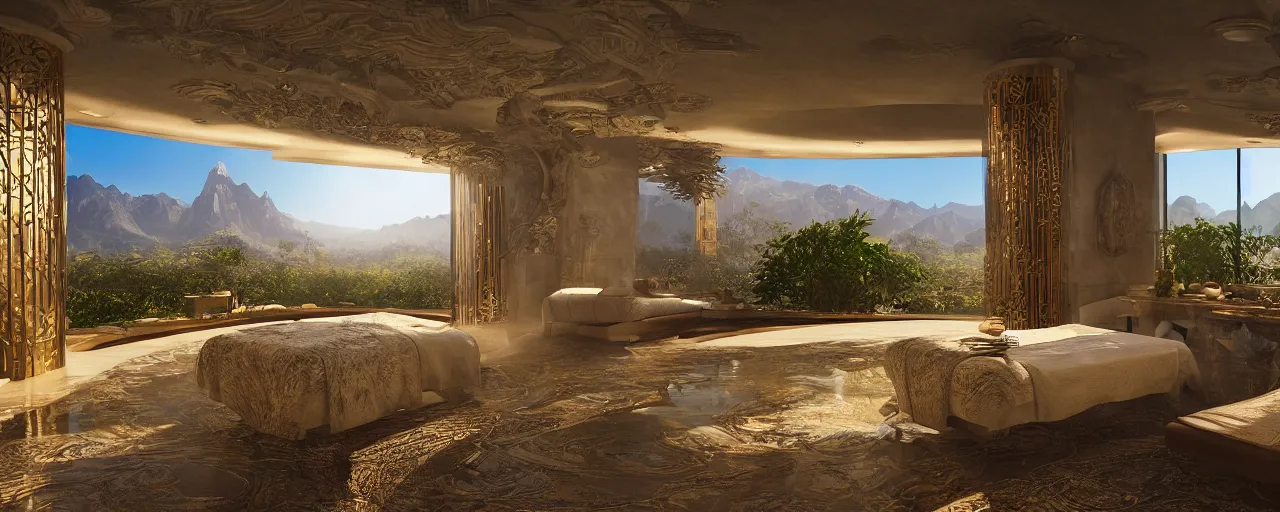 Image similar to surreal hyper luxury spa with intricate golden details with view to arid mountains and palm forest, ultra detailed, photorealism, sharp focus, volumetric light, global illumination