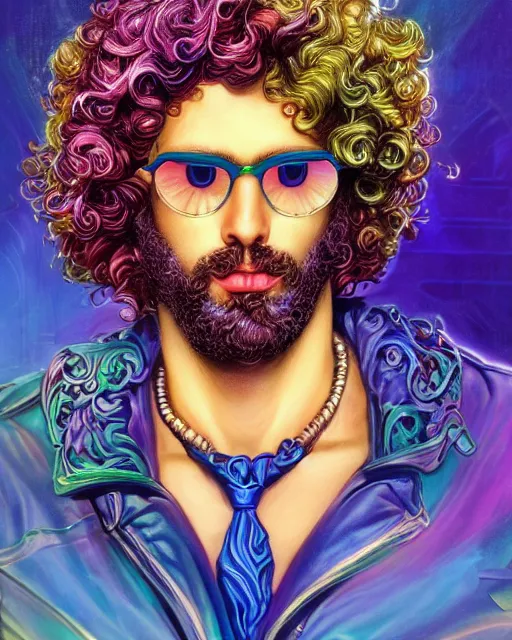 Prompt: colorful portrait of glamor greek god zeus | wearing sunglasses and a laurel wreath | curly hair, beard | lightning storm background | highly detailed | very intricate | professional model | cinematic lighting | painted by donato giancola and mandy jurgens and charlie bowater | bold colors, artdeco, art deco synthwave anime aesthestic, 8 0 s nostalgia | featured on artstation